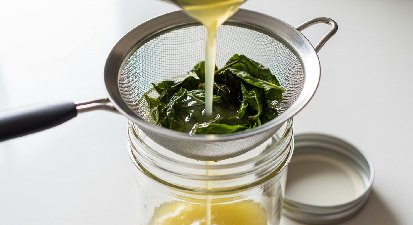 Straining fresh basil leaves to make homemade easy basil simple syrup recipe in a glass jar