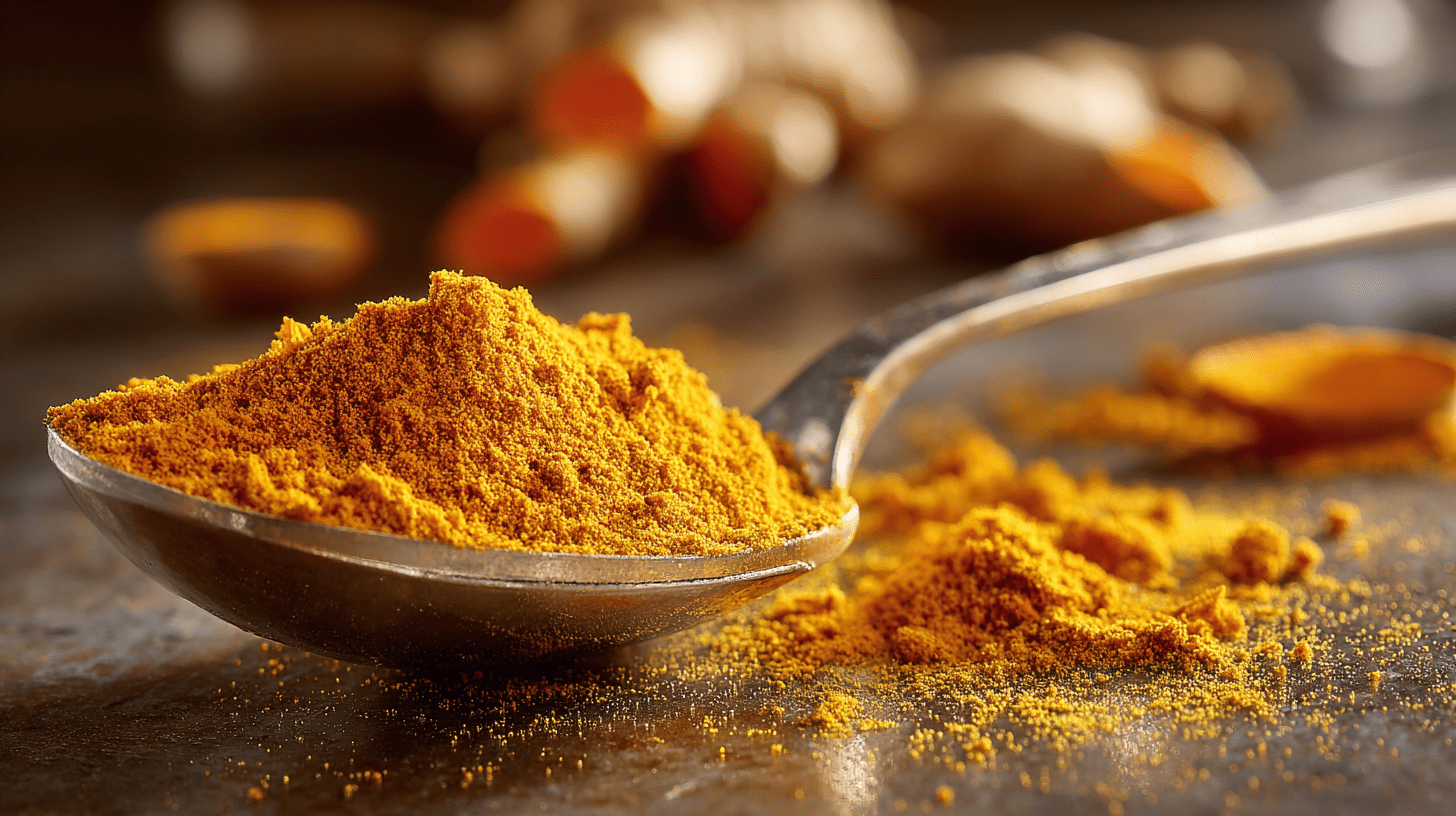 Spoonful of vibrant curry powder beside turmeric powder, showing a golden spice blend on a kitchen counter.