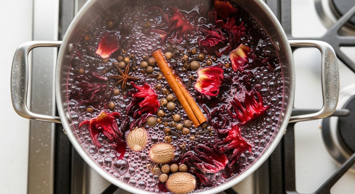 Agua de Jamaica hibiscus tea boiling with cinnamon, nutmeg, star anise, and spices in a pot – traditional Mexican hibiscus drink recipe
