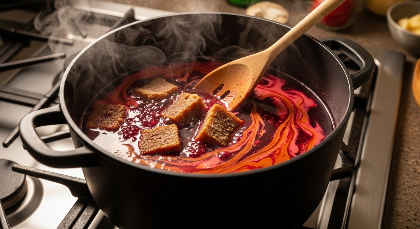Agua de Jamaica hibiscus tea simmering in a pot with piloncillo sugar and spices