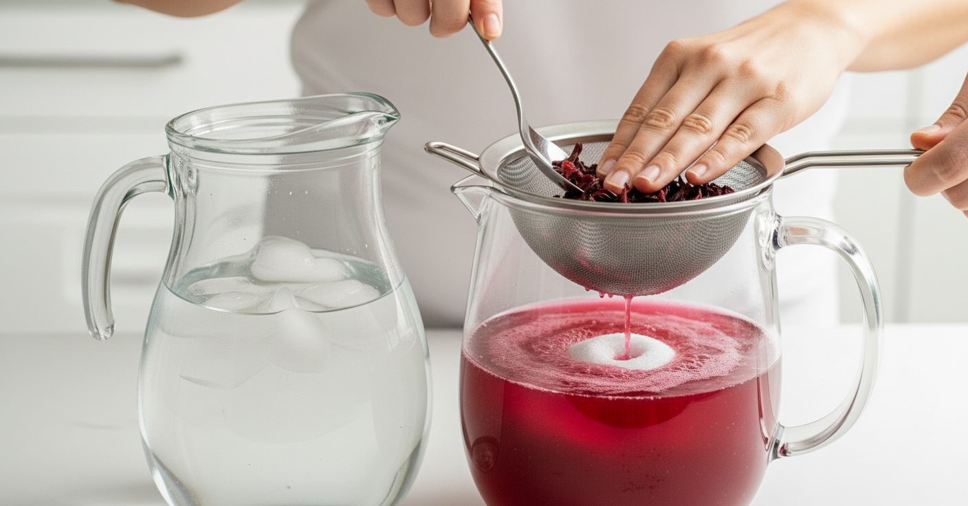 Straining hibiscus flowers to prepare fresh Agua de Jamaica hibiscus tea
