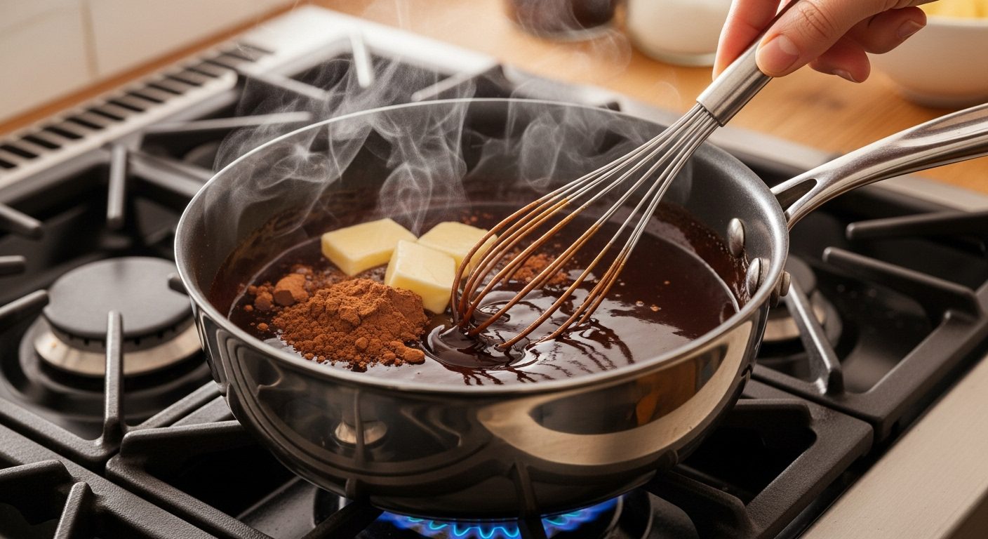 A close-up shot of a stainless steel saucepan on a gas stovetop with a blue flame. The pan contains a dark liquid (corn syrup and vanilla), a pile of cocoa powder, and three cubes of butter. A hand is using a wire whisk to stir the ingredients as steam rises from the hot mixture.