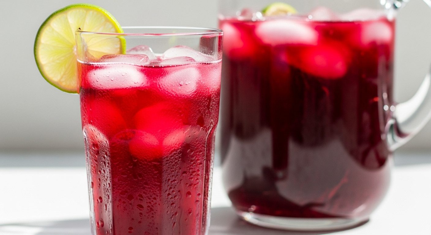 Refreshing glass of Agua de Jamaica hibiscus tea with ice and lime slice