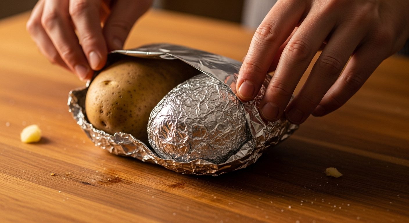 A close-up shot of a person's hands wrapping two russet potatoes in aluminum foil on a wooden table. One potato is fully wrapped and crinkled, while the other is partially wrapped, with its skin still visible.