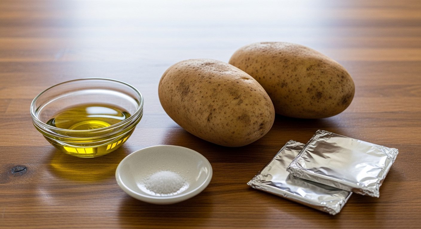 An overhead shot of ingredients for grilled baked potatoes laid out on a wooden table. From left to right: a small clear bowl of olive oil, two large whole russet potatoes, a small white dish of salt, and two small squares of aluminum foil.