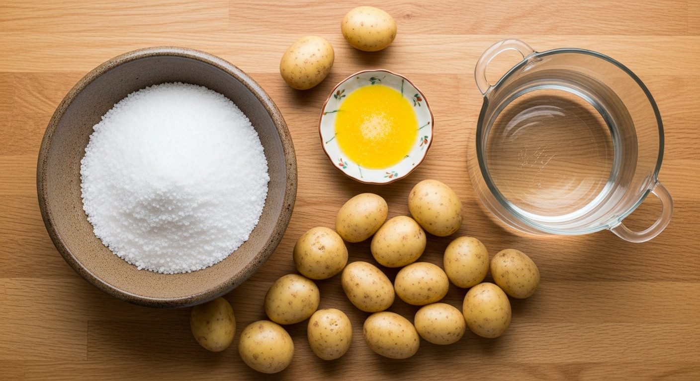 An overhead shot of ingredients for salt potatoes laid out on a wooden surface. A large brown bowl on the left contains a mound of white coarse salt. A collection of small, unpeeled yellow potatoes is scattered in the middle. To the right, a small decorative plate holds melted yellow butter, and a large clear glass pot is filled with clear water.