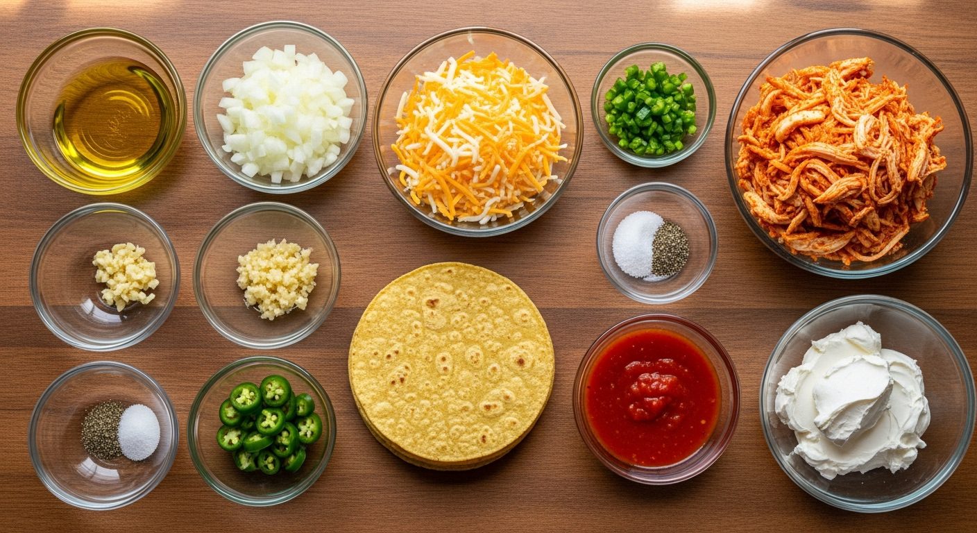 An overhead shot of ingredients for chicken tostadas arranged on a wooden table. Ingredients include: a bowl of cooking oil, chopped onion, shredded cheddar cheese, diced jalapeños, minced garlic, a stack of corn tortillas, shredded cooked chicken, salsa, sour cream, and small bowls of salt and pepper.