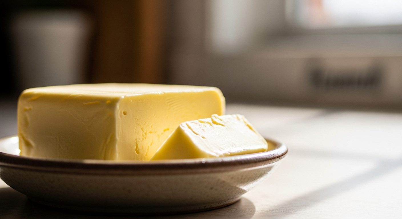A close-up shot of a stick of butter and a smaller pat of butter resting in a ceramic dish, bathed in natural sunlight. The butter appears slightly softened, sitting on a light-colored surface with a blurred background.