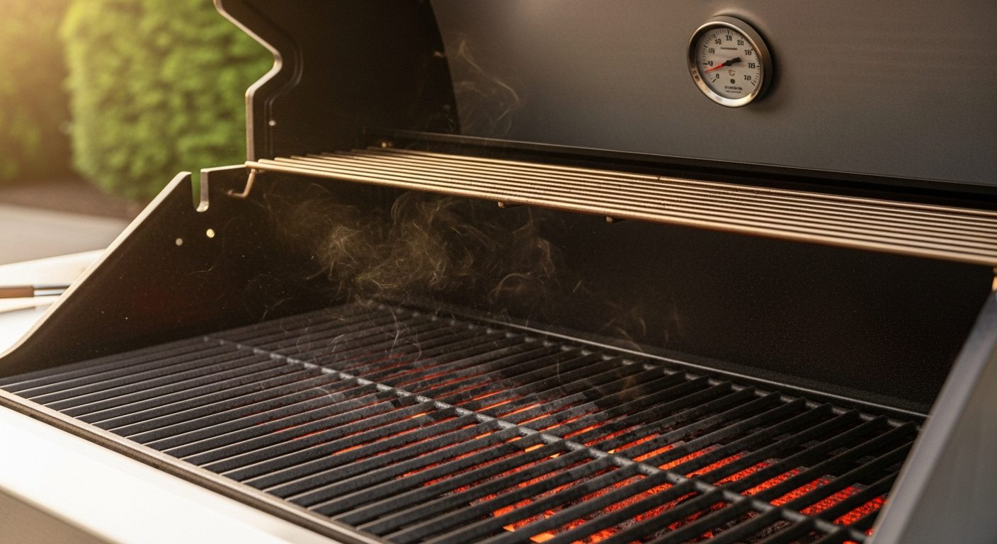 A close-up shot of an open outdoor grill with hot, glowing red grates, indicating it's preheating. Smoke is gently rising from the grates, and a temperature gauge is visible on the inside of the lid. Green foliage is blurred in the background.