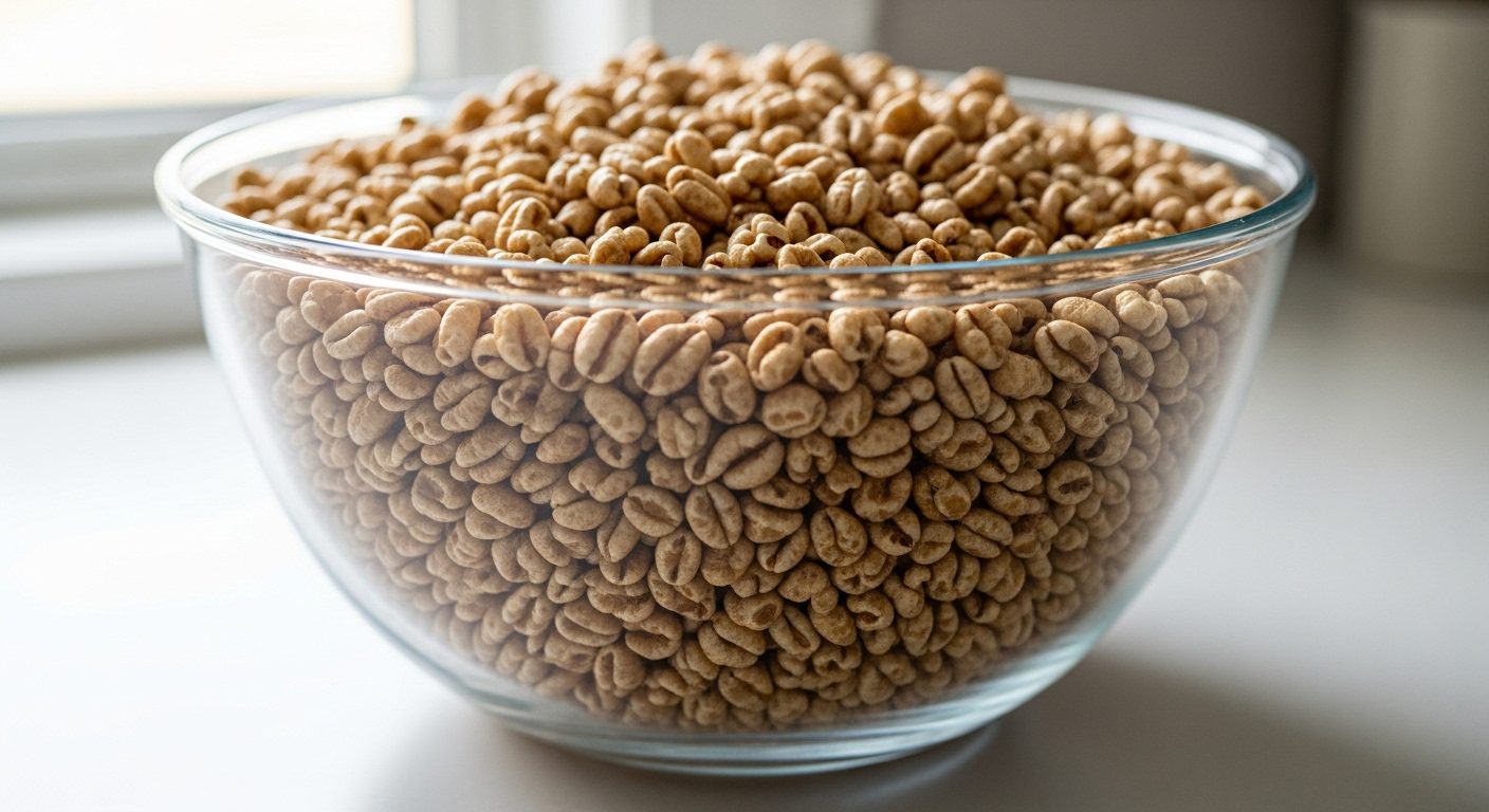 A close-up, slightly elevated shot of a large clear glass mixing bowl filled with light brown puffed wheat cereal. The bowl is sitting on a white surface near a window.
