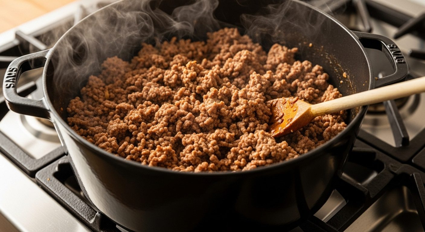 A close-up shot of a dark cast iron Dutch oven on a stovetop, filled with browned, crumbled ground beef. Steam rises from the meat, and a wooden spoon is resting in the pot, ready to stir.