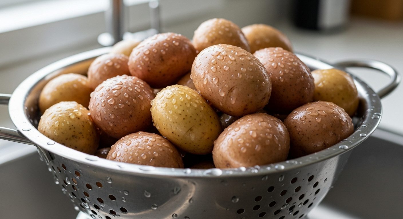 A close-up shot of a stainless steel colander filled with small, unpeeled new potatoes. Many of the potatoes have visible water droplets on their skins, indicating they have just been washed. The colander is sitting over a sink.
