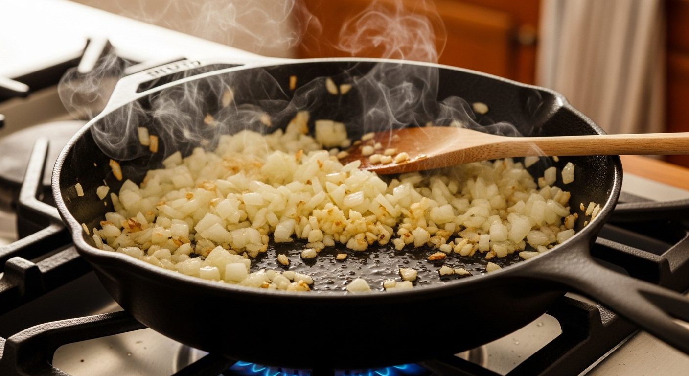 A close-up shot of a black cast iron skillet on a gas stovetop with a blue flame. Diced onions and minced garlic are sautéing in oil, with steam rising from the pan. A wooden spoon is stirring the aromatics.