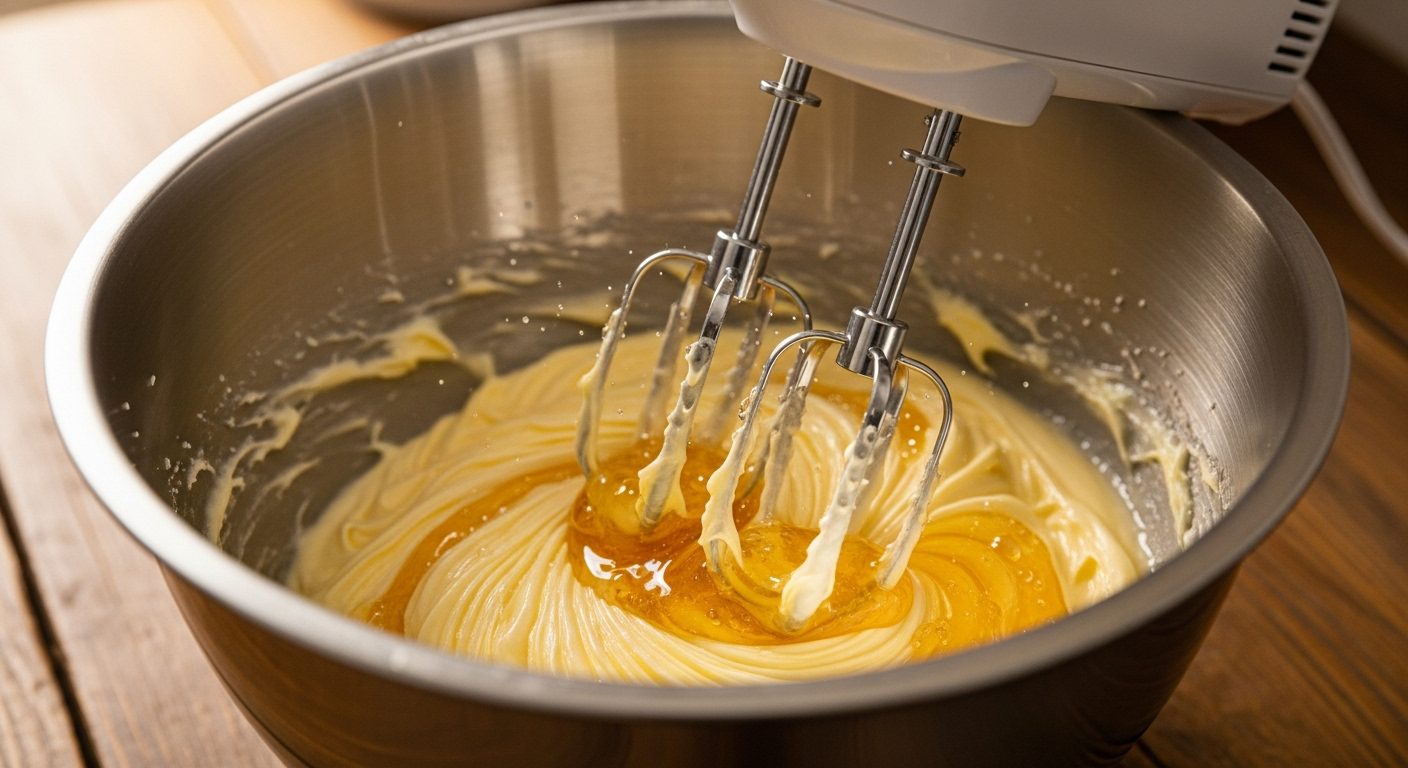 A close-up shot of an electric hand mixer with beaters submerged in a stainless steel mixing bowl. The bowl contains creamy, pale yellow softened butter and golden honey, which are being combined into a light and fluffy mixture.