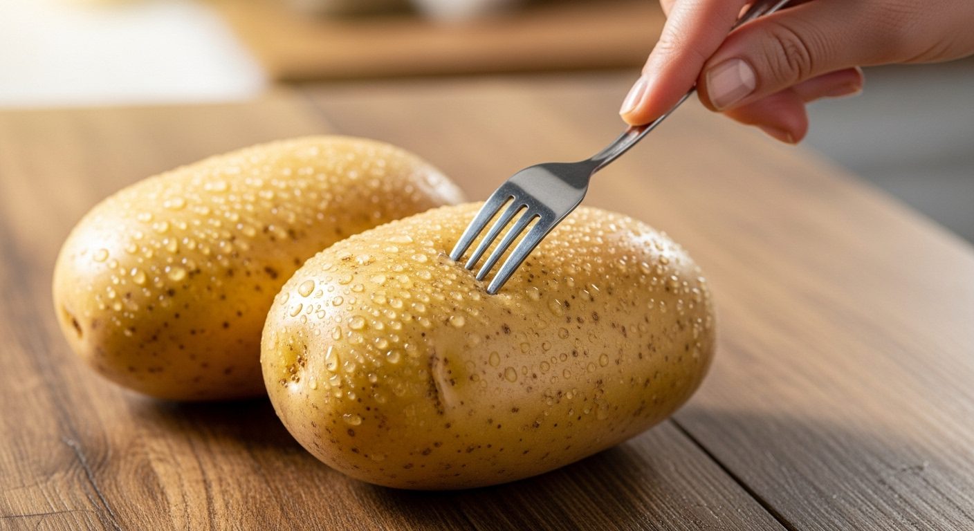 A close-up shot of two unpeeled russet potatoes with water droplets on their skin, resting on a wooden surface. A hand is using a fork to poke holes into one of the potatoes.