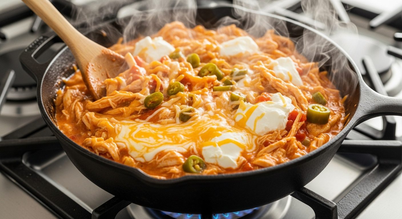 A close-up shot of a black cast iron skillet on a gas stovetop with a blue flame. The skillet is filled with a hot, steaming mixture of shredded chicken in a reddish sauce, topped with melted cheese, green jalapeño slices, and dollops of white Neufchâtel cheese. A wooden spoon is in the mixture, ready to stir.