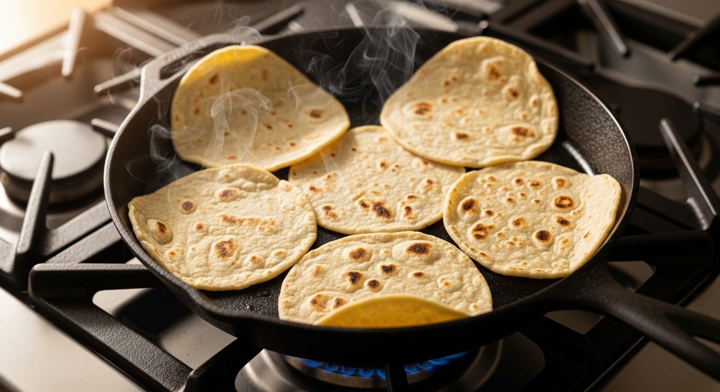 A close-up shot of a black cast iron skillet on a gas stovetop, with a blue flame visible. Several corn tortillas are heating in the dry skillet, some showing light brown toasted spots, and steam is gently rising from them.