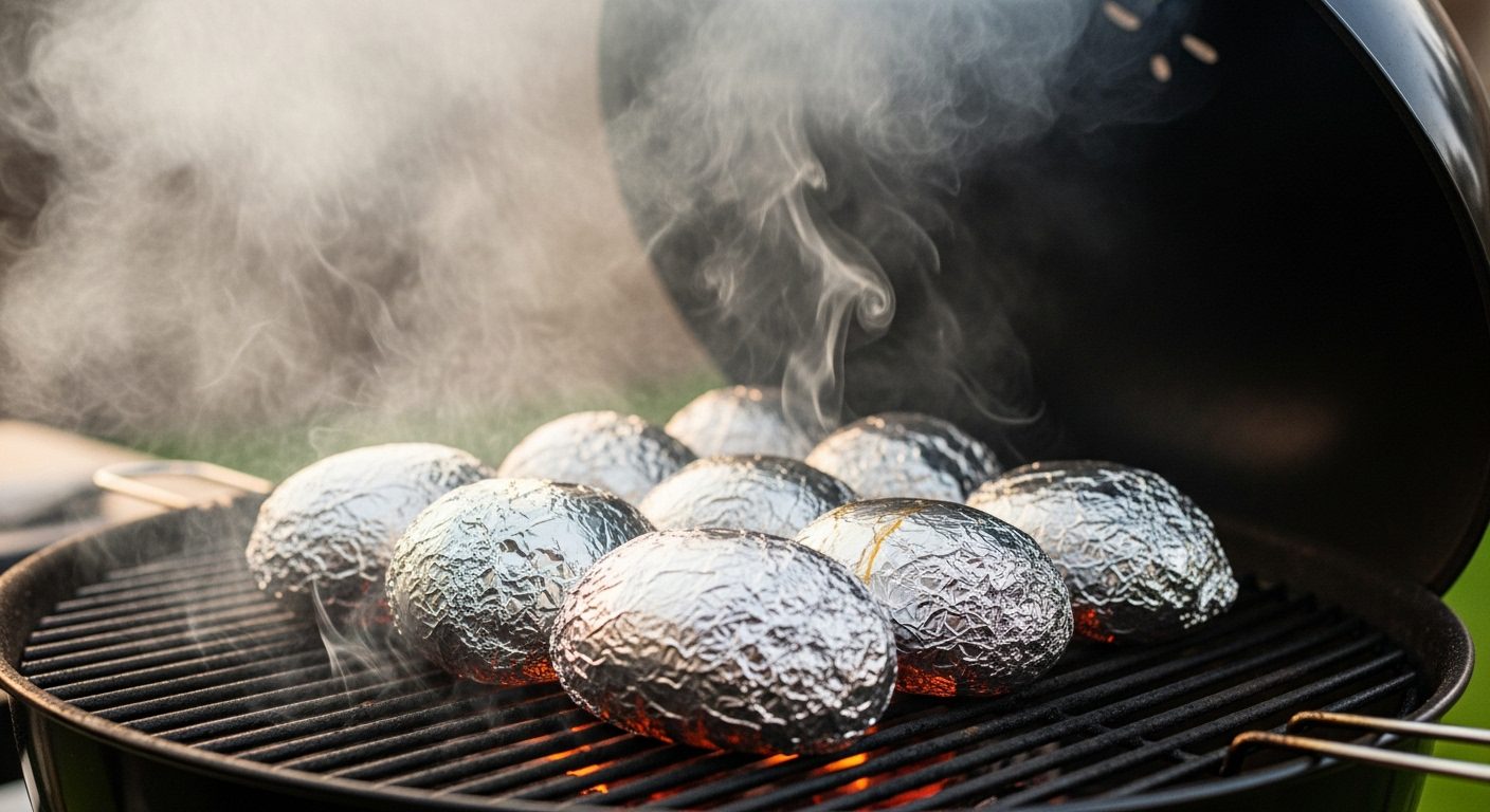 A close-up shot of several potatoes, individually wrapped in crinkled aluminum foil, cooking on the hot grates of an open charcoal grill. Smoke is rising from the potatoes, and the glowing embers are visible beneath the grates.