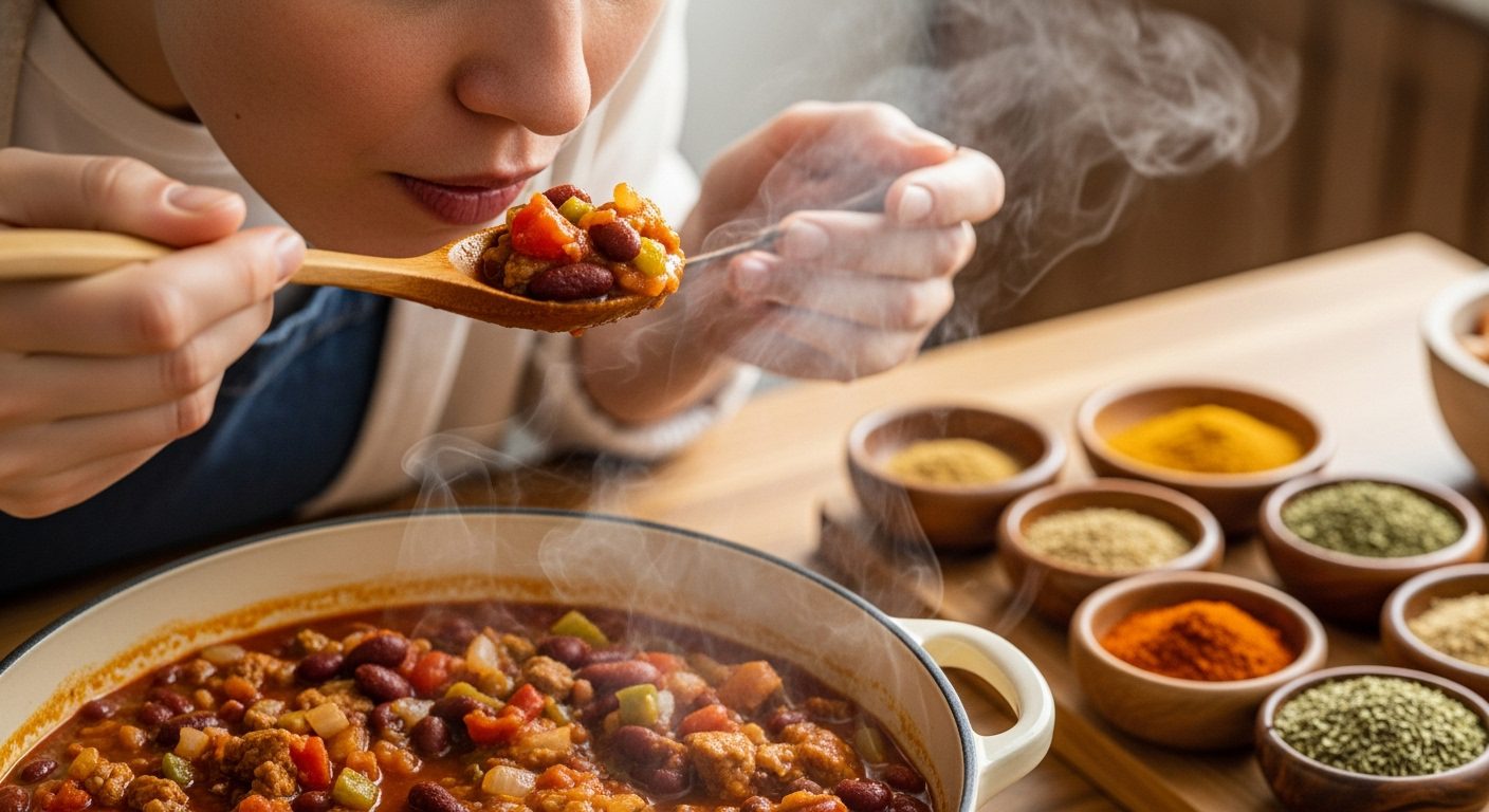 A black cast iron pot with its lid slightly ajar, sitting on a gas stovetop with a visible blue flame. Steam billows out from under the lid of the pot, which contains a rich, dark red chili. A wooden spoon rests on the stovetop next to the pot. In the background, a wooden counter and part of a kitchen sink are visible.