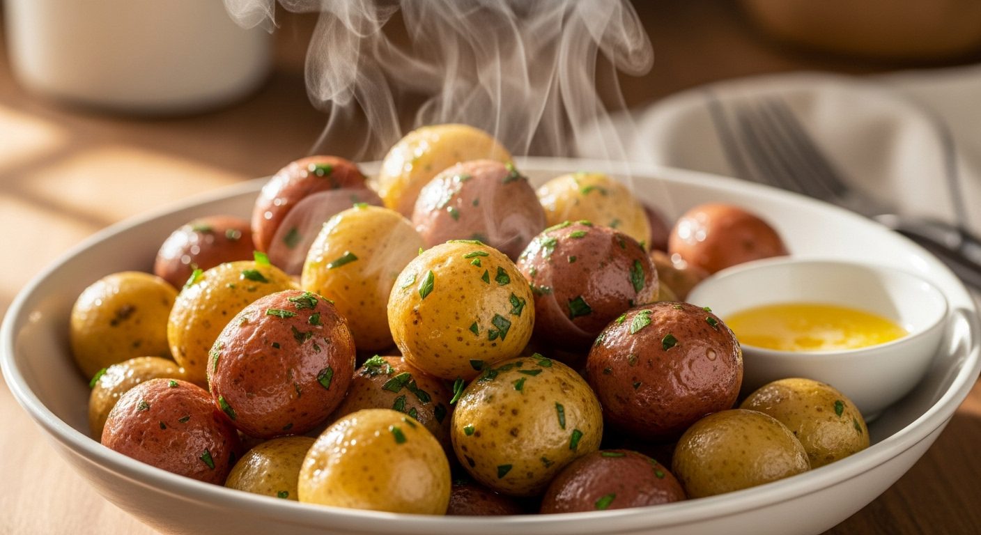 A close-up, horizontal shot of a white oval bowl filled with small, warm, cooked potatoes. Some potatoes are yellow and some are reddish-brown. A light dusting of chopped green herbs is visible on the potatoes. A small white bowl with a puddle of melted butter is on the side, and steam is rising from the potatoes.