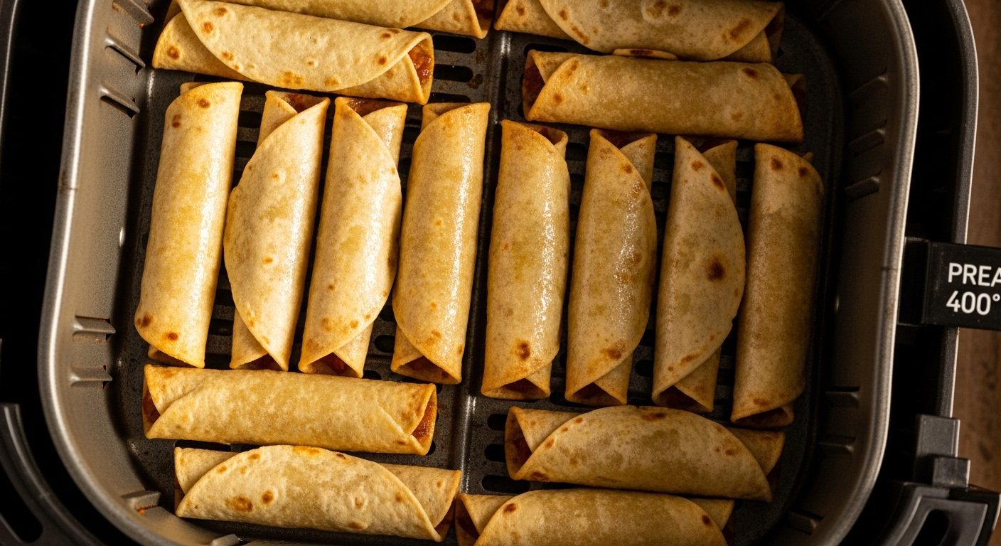 An overhead close-up shot of multiple rolled taquitos arranged in a single layer in the basket of an air fryer. The taquitos are golden brown and appear crispy, with visible seams. A digital display on the right shows "PREHEAT 400°F".