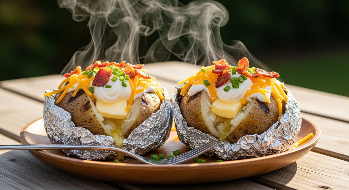 A close-up shot of two steaming, grilled baked potatoes, partially unwrapped from foil, sitting on a brown wooden plate. Each potato is generously topped with melting butter, sour cream, shredded cheese, crispy bacon bits, and chopped green chives. A fork rests on the plate in front of the potatoes, and a green background is blurred behind them.