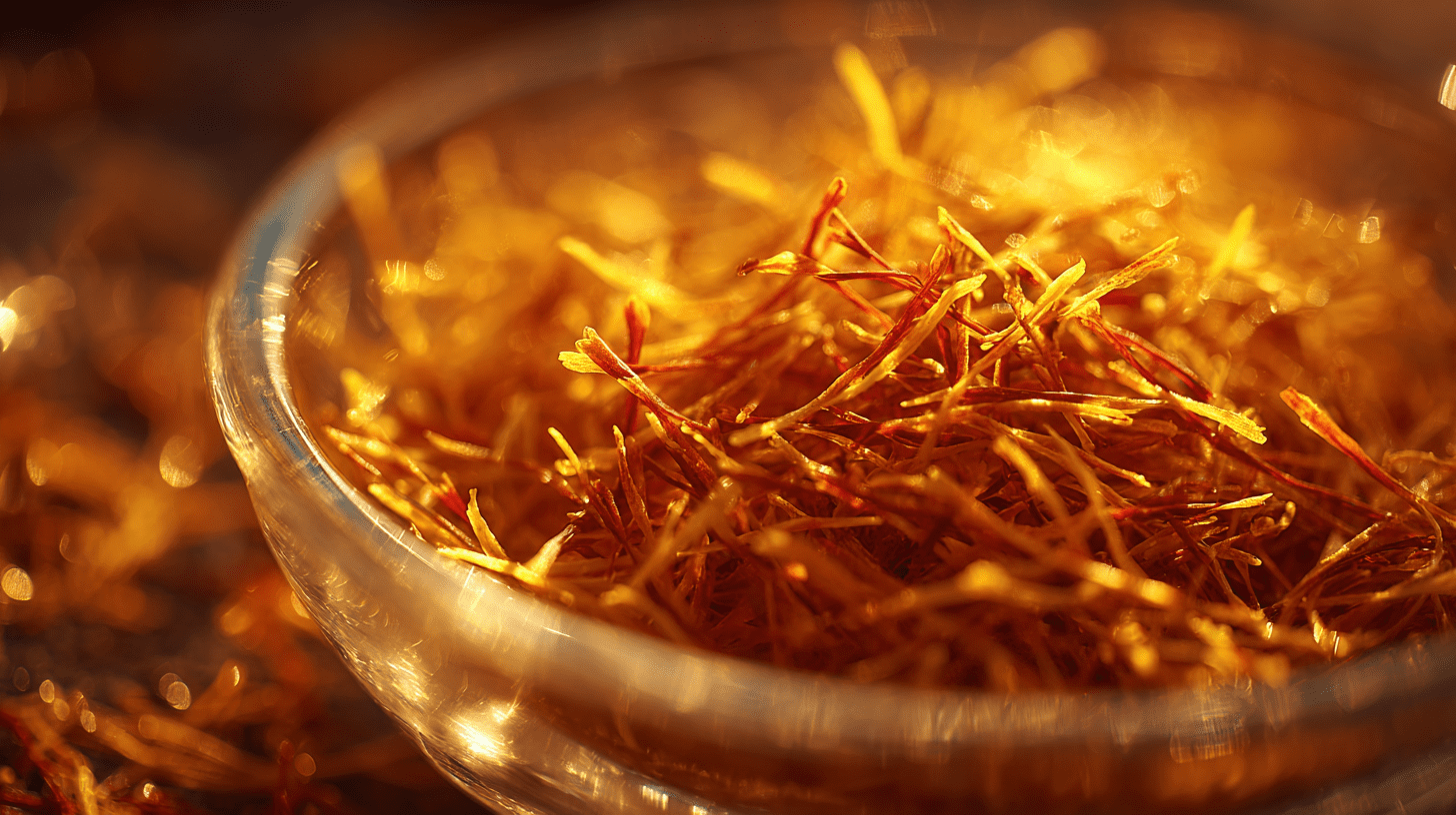 Close-up of red saffron threads in a glass dish glowing with warm golden tones, premium cooking spice.