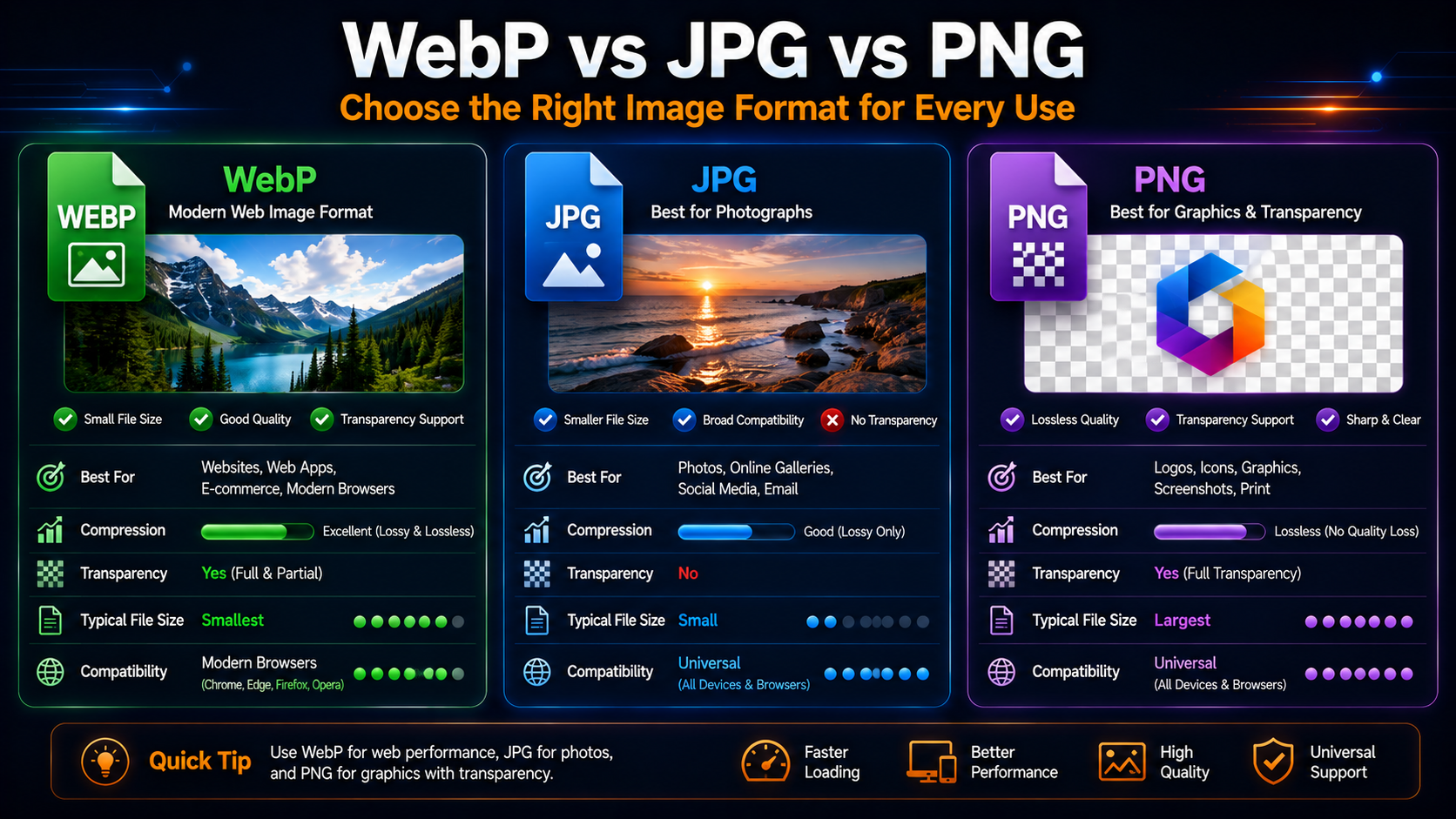 Comparison of WebP, JPG and PNG image formats showing transparency, compression, file size and best uses
