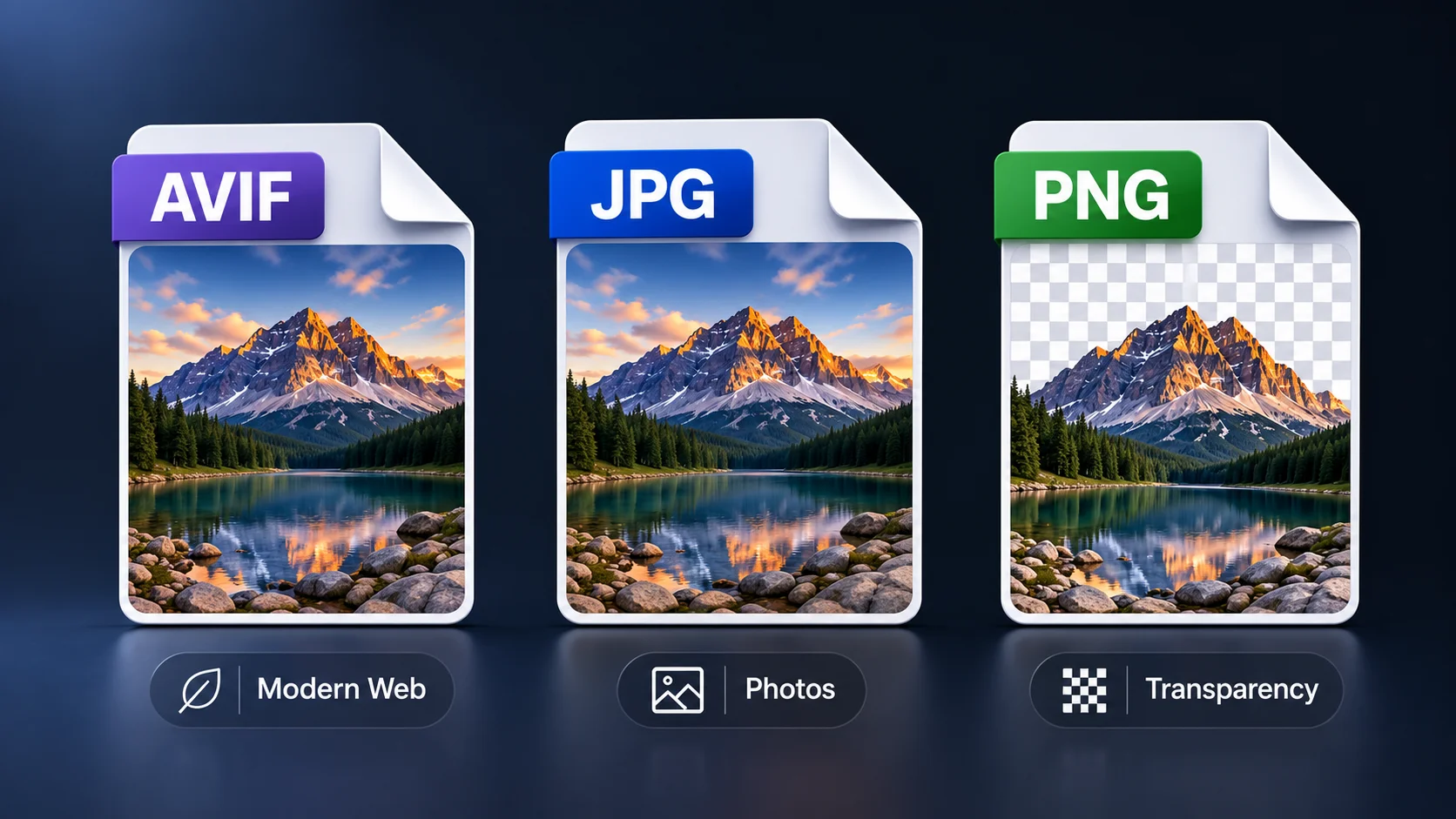 Comparison of AVIF, JPG and PNG image formats showing compatibility, photo quality and transparency