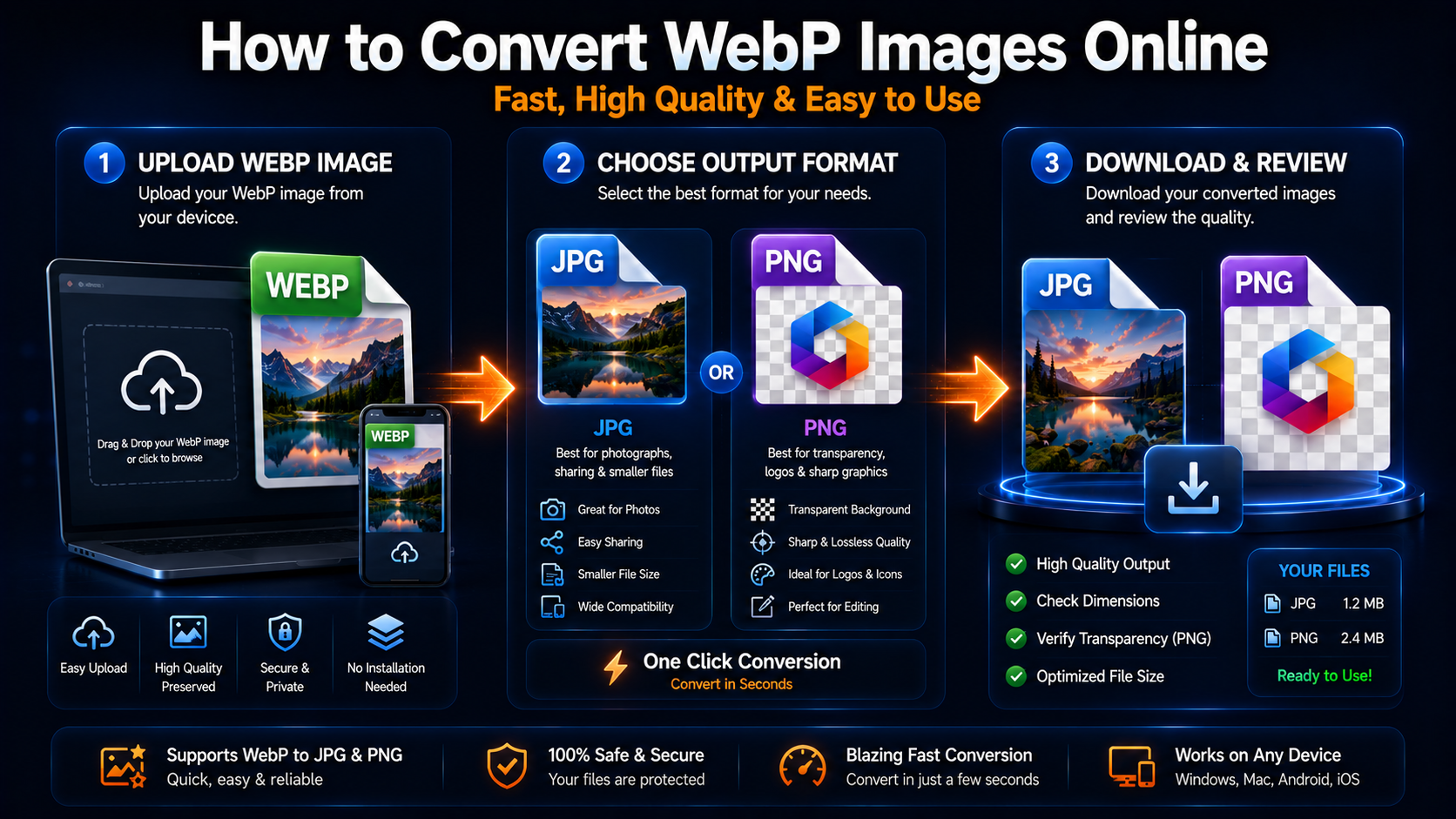 Online WebP conversion process showing upload, choosing JPG or PNG and downloading the converted image