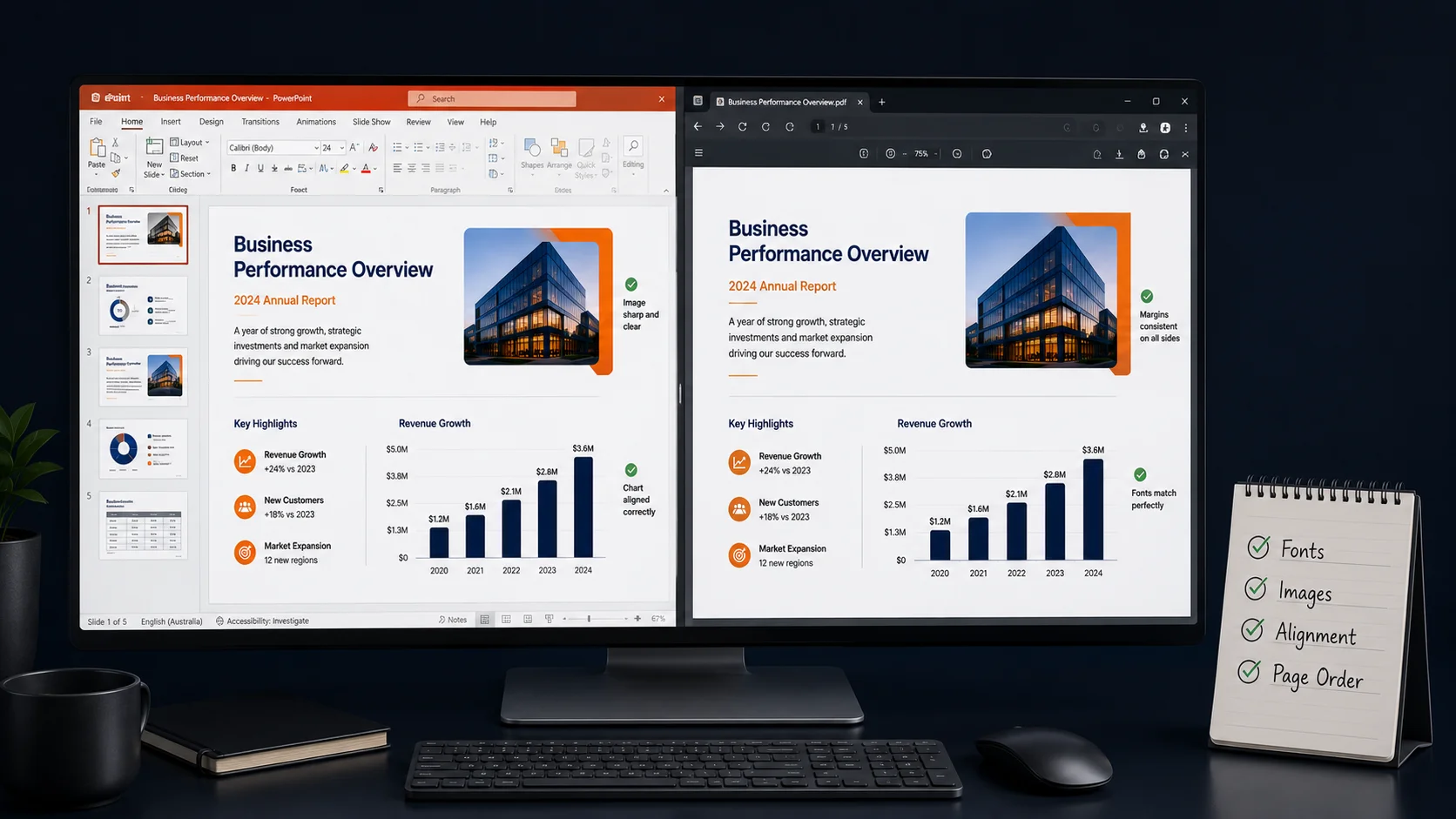 PowerPoint and converted PDF compared side by side to check fonts, images, alignment and page order