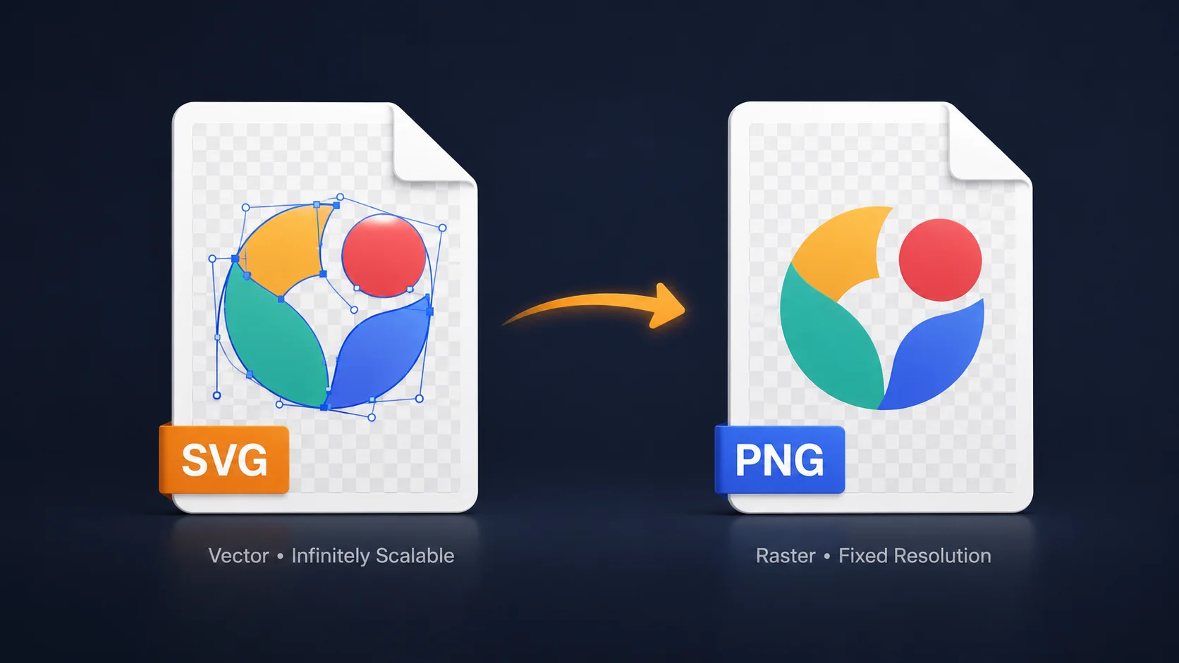 Comparison between SVG vector graphics and PNG images showing scalability and transparent background support