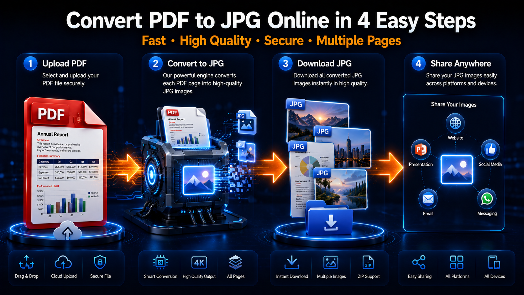Step by step process showing how to convert PDF pages into JPG images online