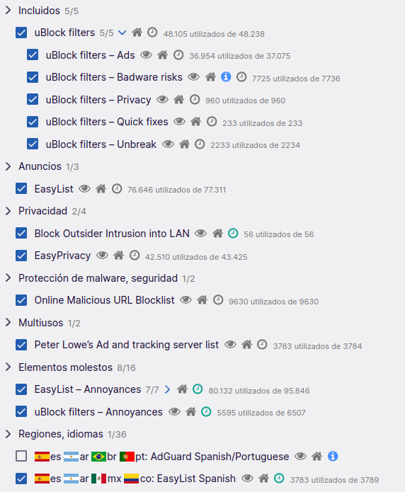 listado de filtros habilitados en uBlock Origin