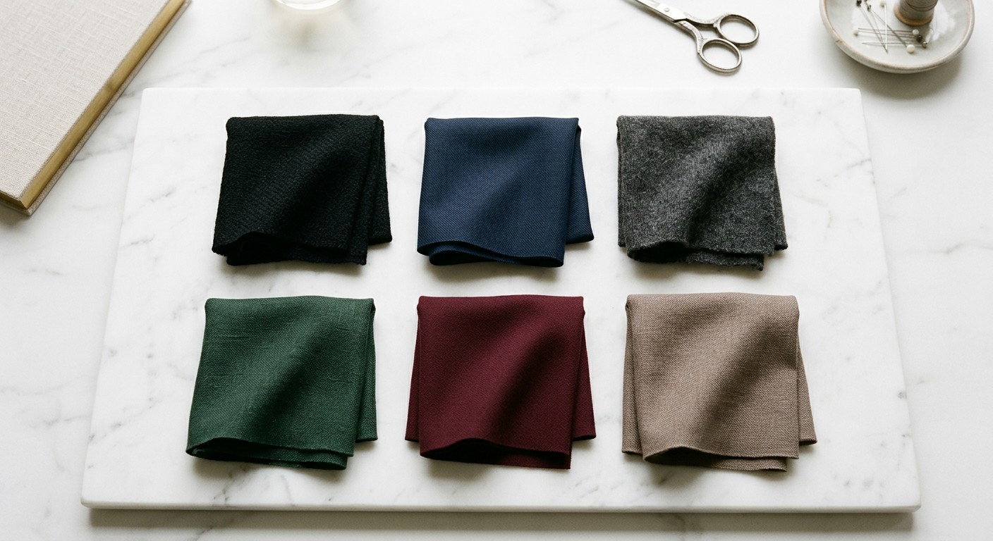 Fabric swatches in muted respectful tones including navy, charcoal, forest green, and burgundy