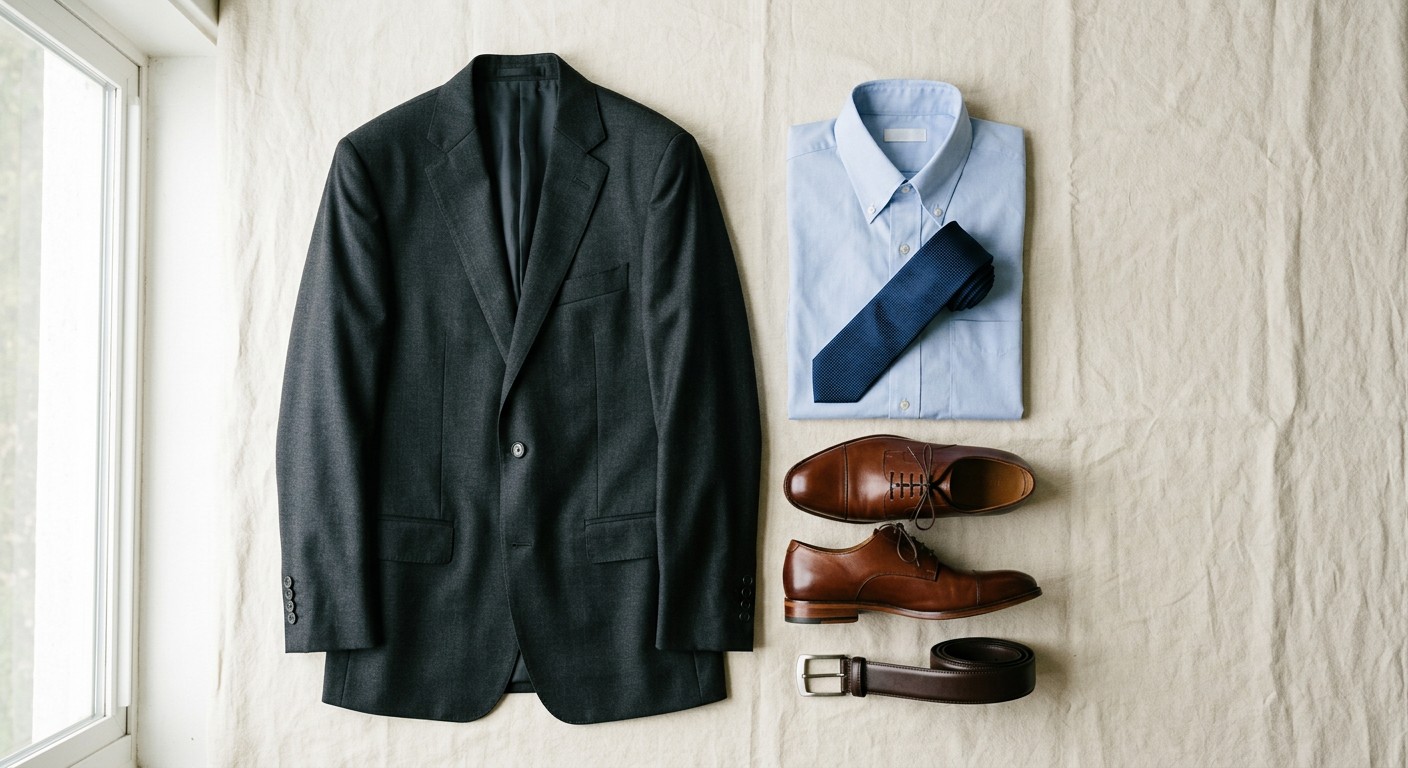 Men's celebration of life attire flat lay with suit jacket, dress shirt, tie, and shoes