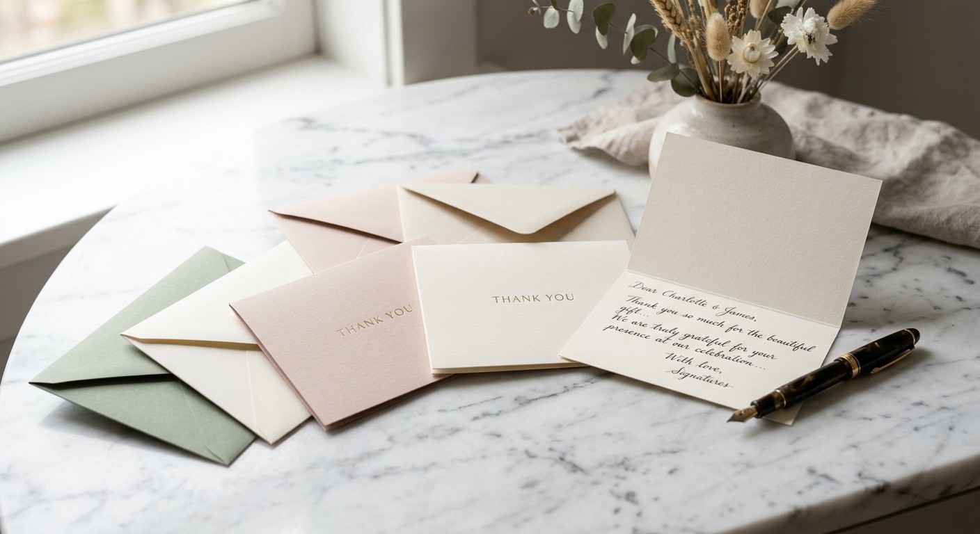 Elegant thank you cards with envelopes in soft neutral tones fanned out on a surface