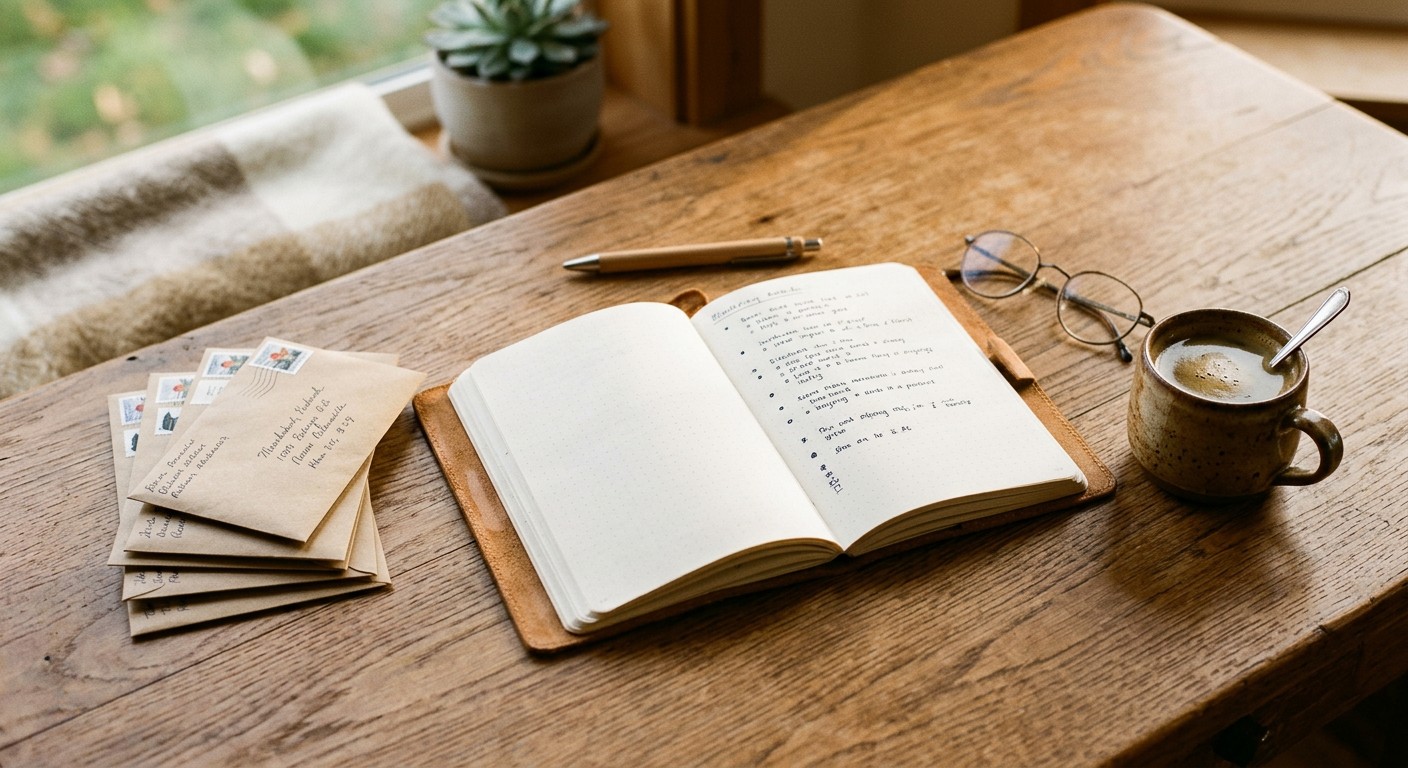 A notebook with bullet points, coffee, reading glasses, and addressed envelopes