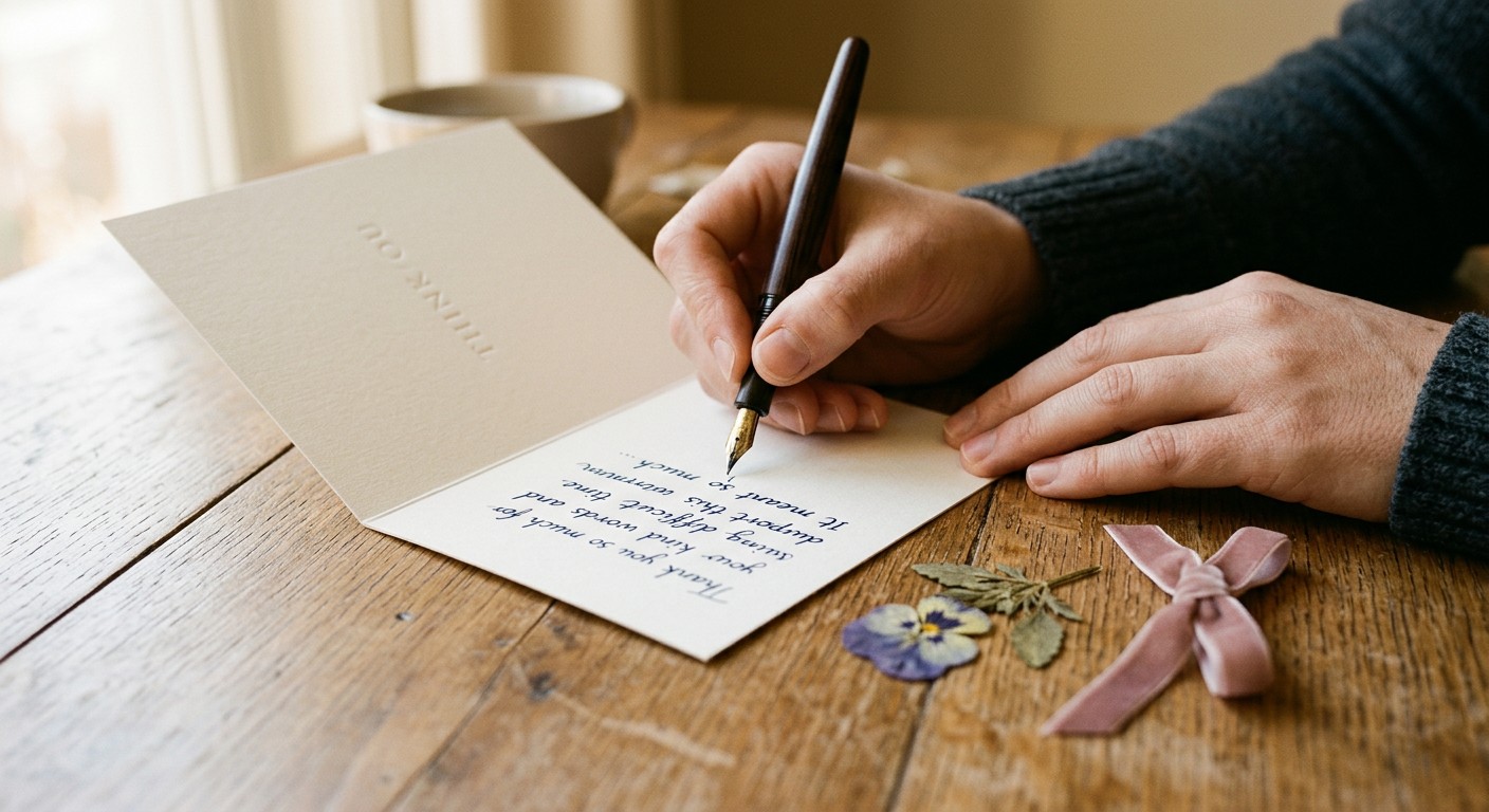 Hands writing in a thank you card with a fountain pen on a wooden table
