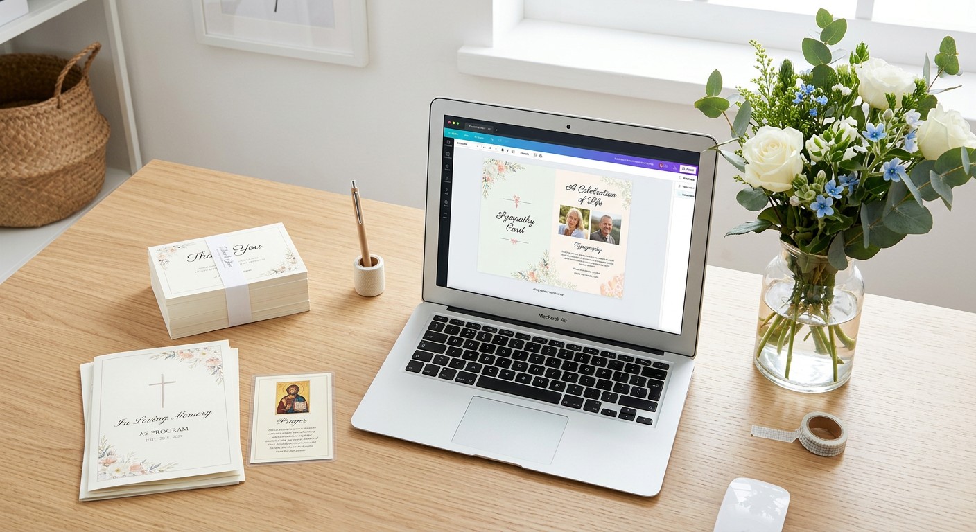 A clean desk with laptop showing card design template and printed thank you cards