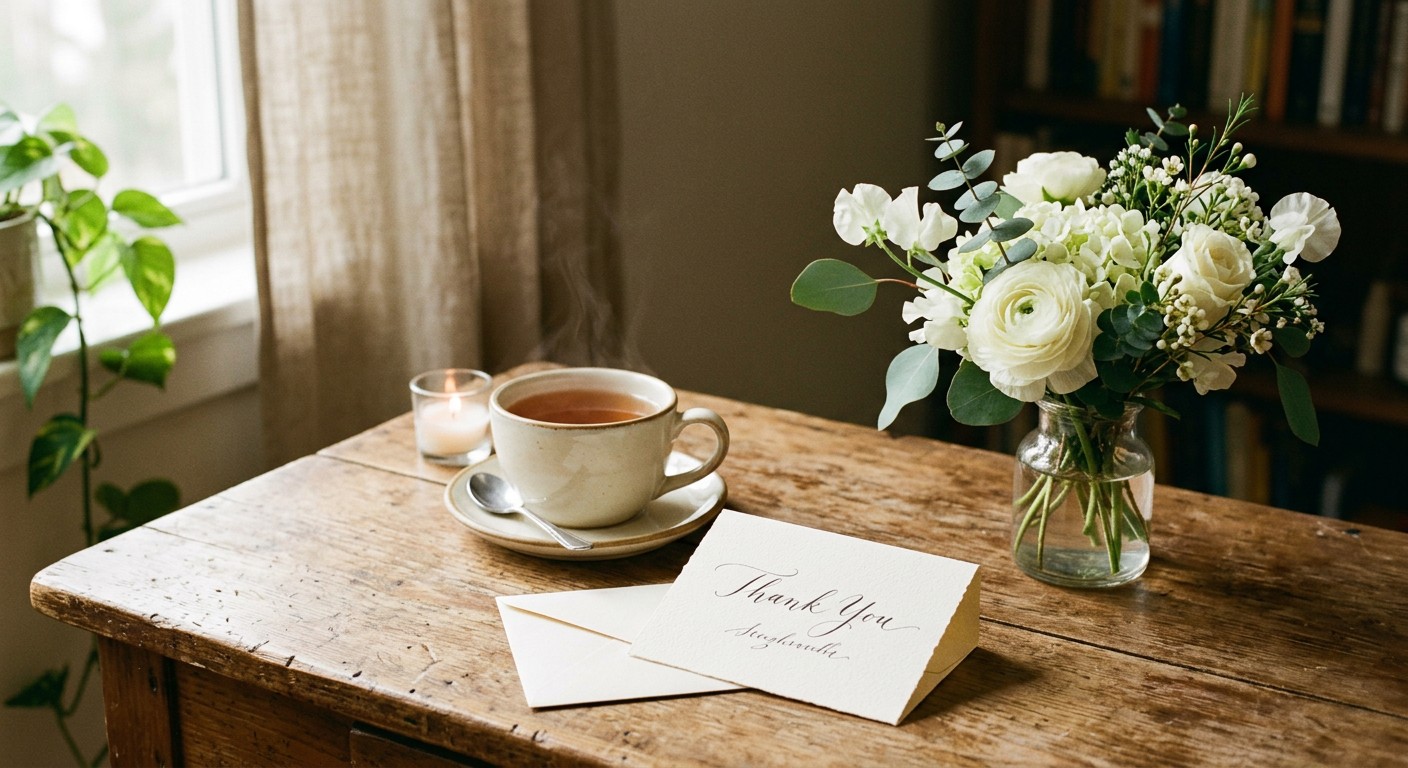 A handwritten thank you card on cream stationery next to tea and white flowers