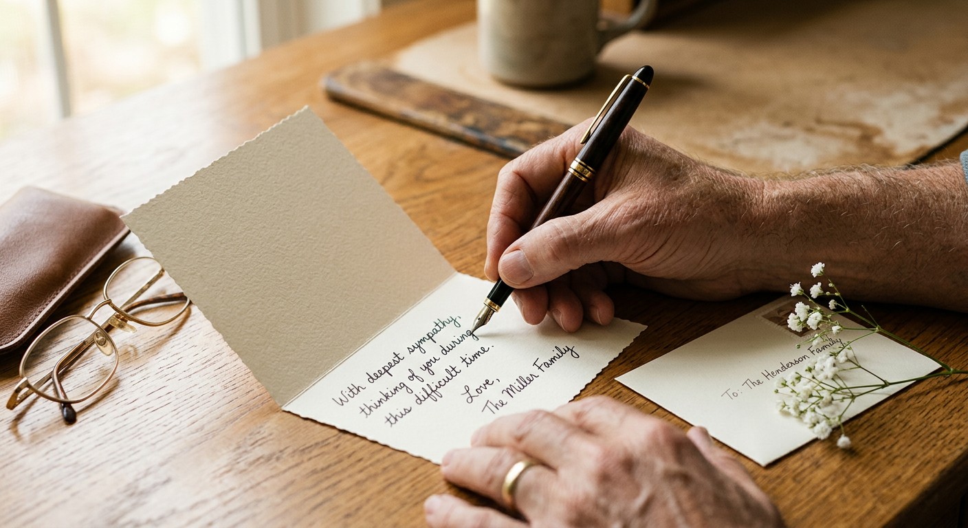 A hand writing on a condolence card with a pen, envelope and baby's breath nearby