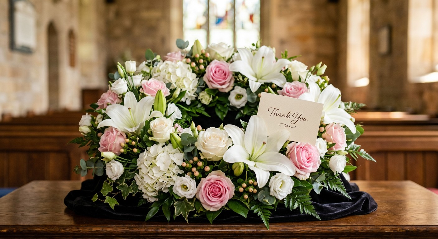 A floral arrangement with lilies and roses with a Thank You card tucked among the flowers