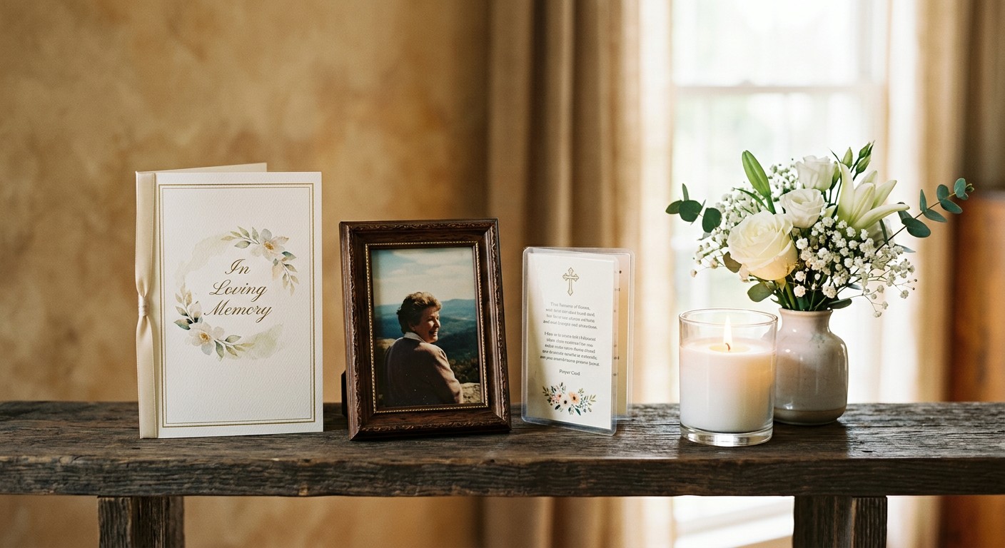 A memorial keepsake display with funeral program, prayer card, candle and flowers