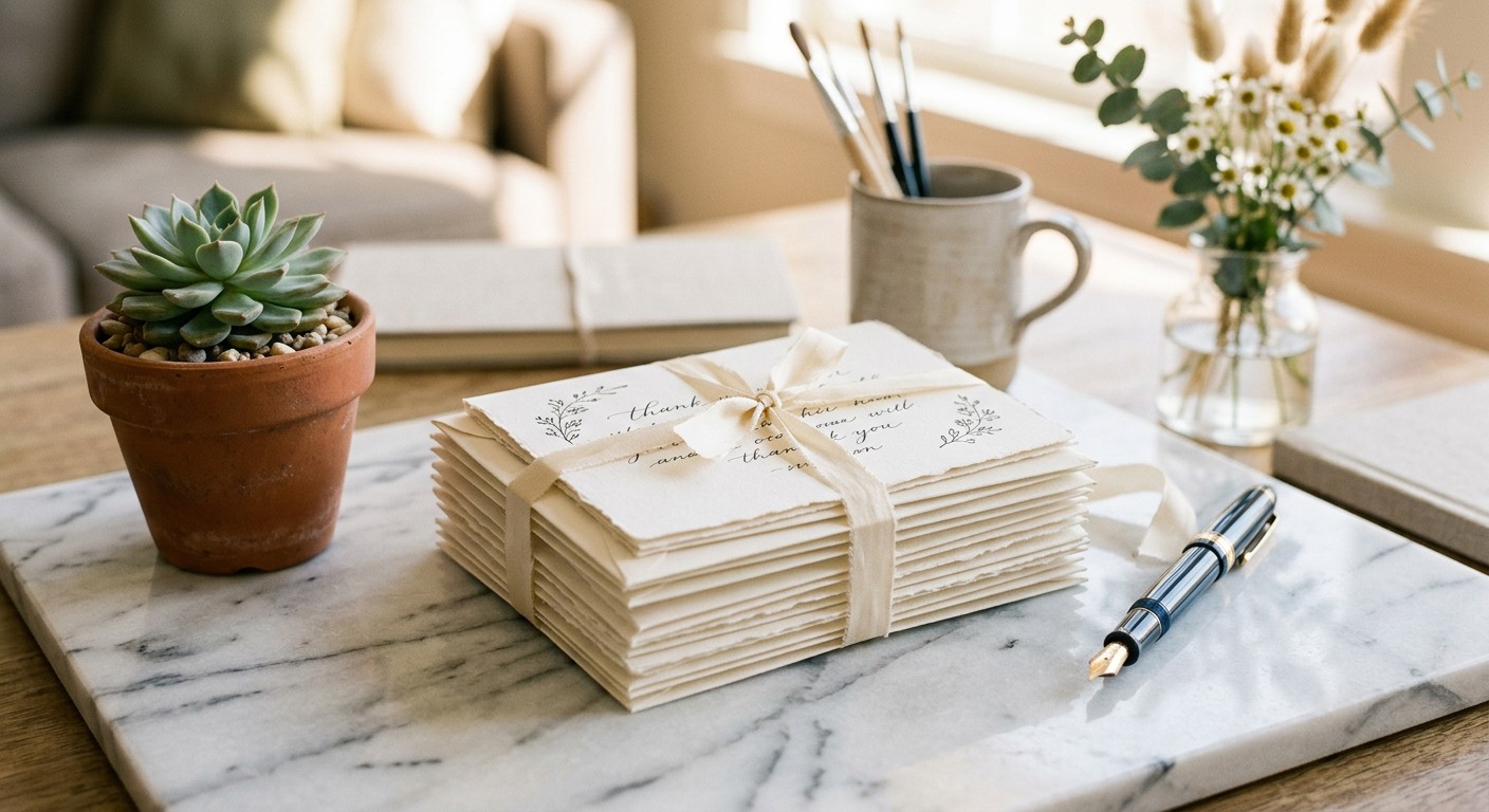 Elegant handwritten thank you cards with envelopes tied with ribbon