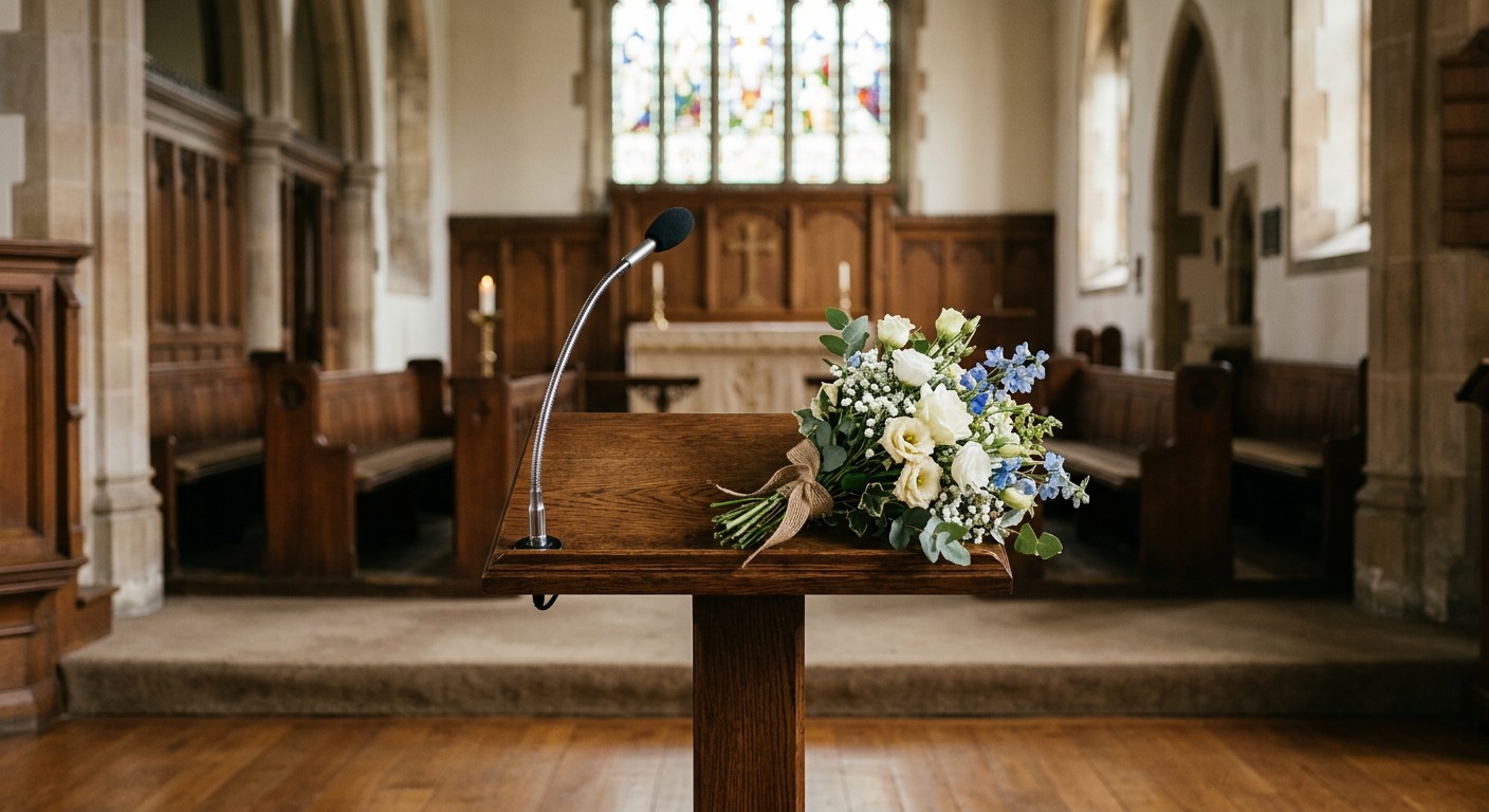 A podium with a microphone and flowers in a memorial hall