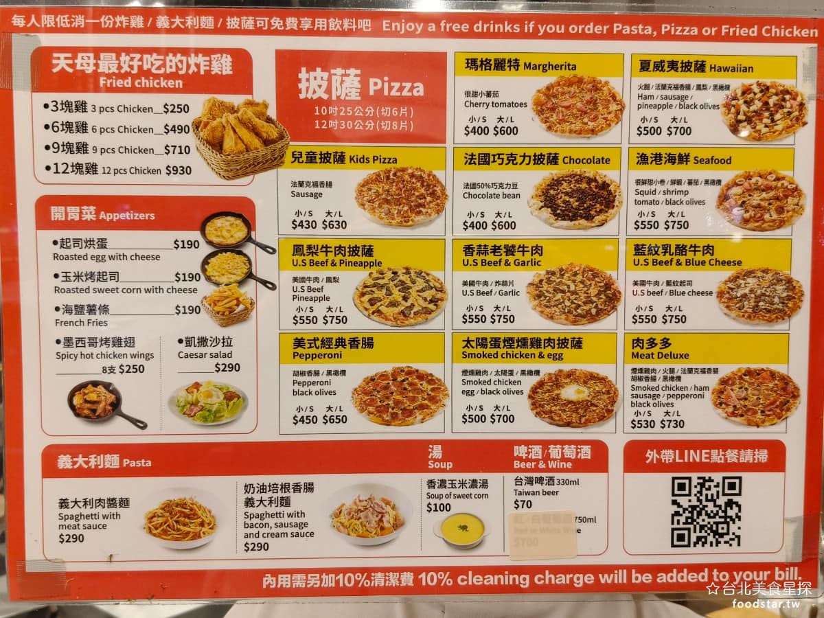Pino Pizza Pizza菜單 Pizza推薦 士林區美食 士林美食 芝山站美食 美式料理 炸雞 《Pino Pizza》菜單 主角是披薩，共有 11 種口味，分 10 吋與 12 吋兩種尺寸，其他主食還有炸雞和義大利麵，另有海鹽薯條、起司烘蛋等開胃小點可以加點。 @台北美食星探