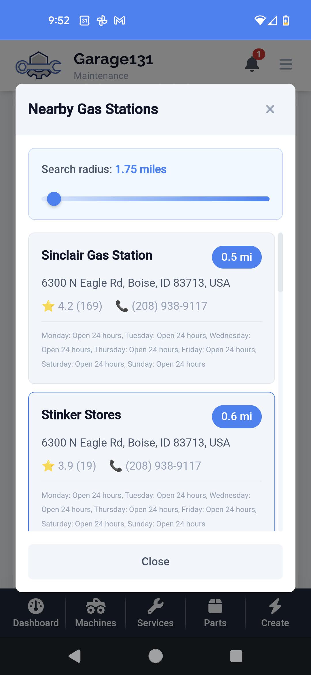 Gas station locator showing nearby stations