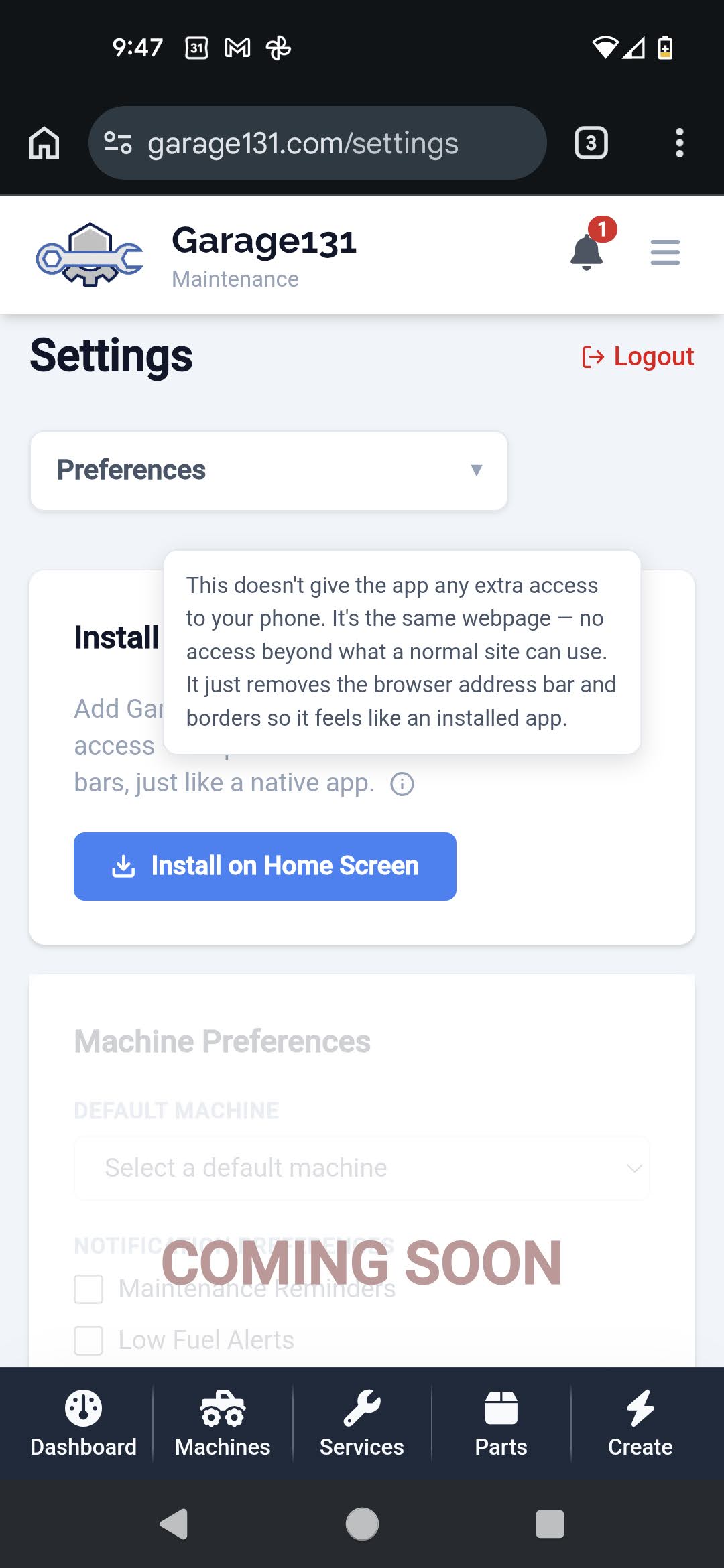 Tooltip explaining that Garage131 is a web app, not a native app