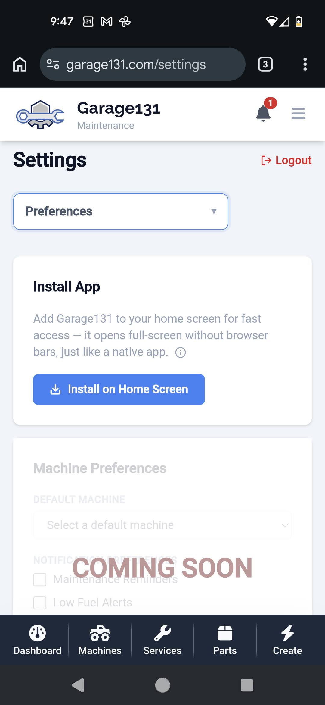 Install App option in the Garage131 settings menu